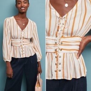 Feather Bone “Latrobe” yellow/ white striped grommet tie blouse size 12